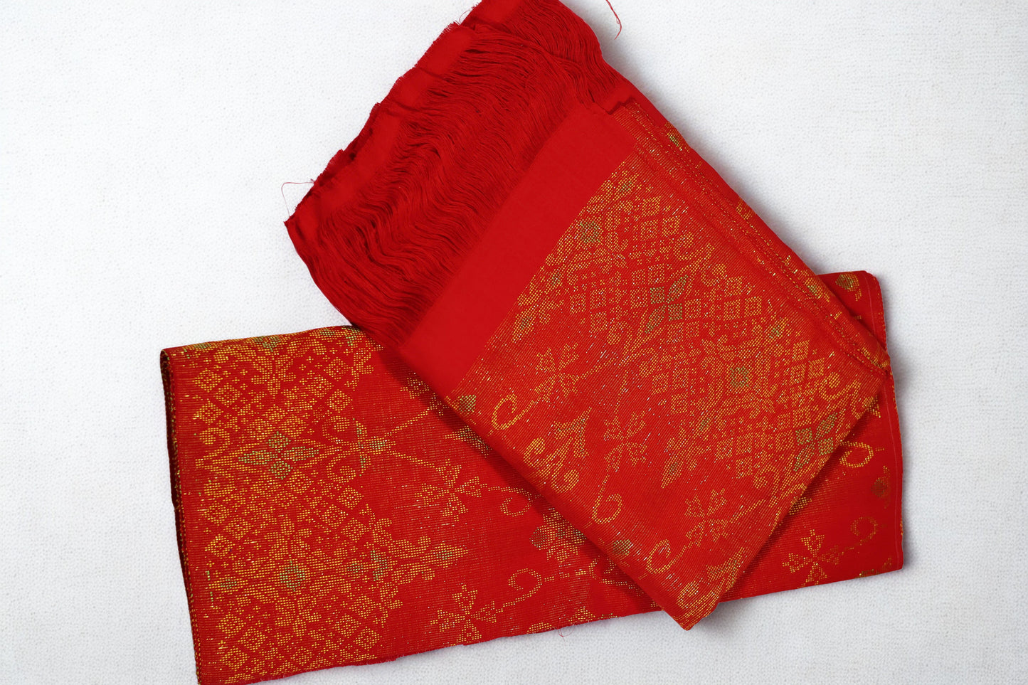Red Traditional Rignai with Golden Motif (Unstitched)