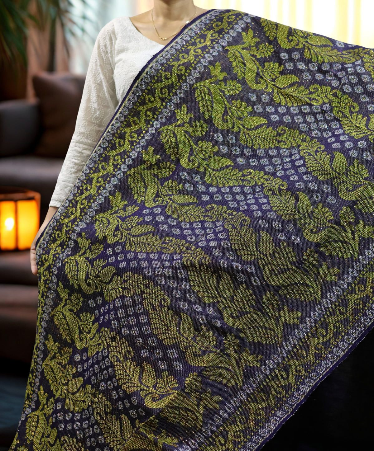 Navy Blue Traditional Rignai with Olive & Gold Motifs (Unstitched)