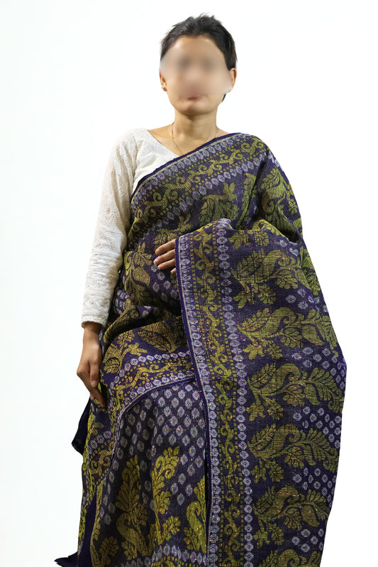 Navy Blue Traditional Rignai with Olive & Gold Motifs (Unstitched)