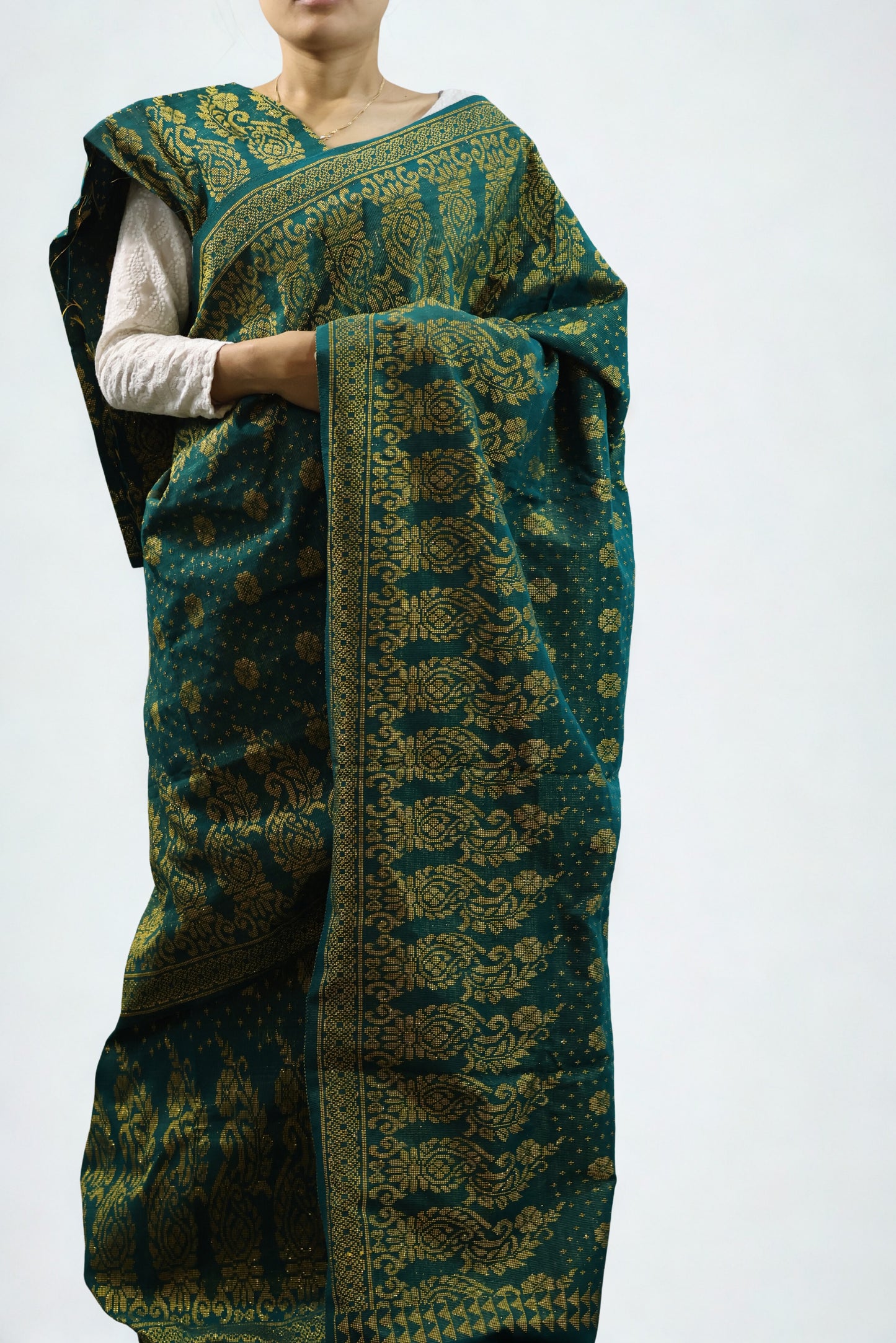 Emerald Green Rignai with Golden Motifs | Traditional Wear
