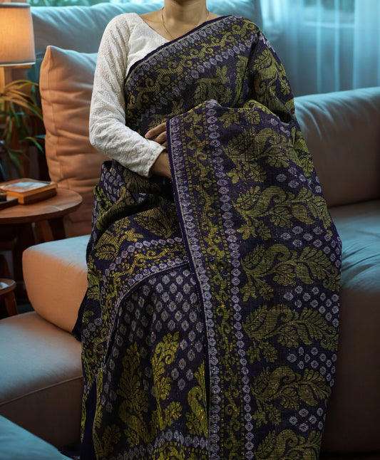 Navy Blue Traditional Rignai with Olive & Gold Motifs (Unstitched)