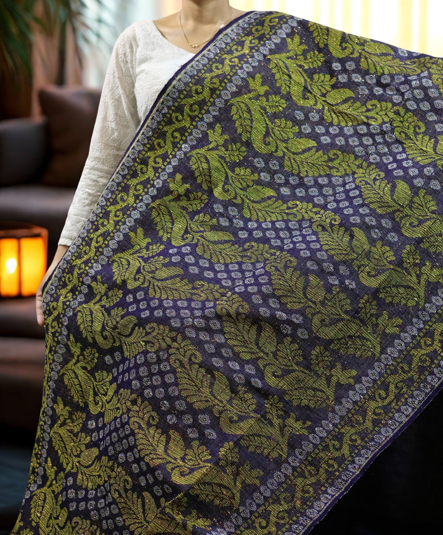 Navy Blue Traditional Rignai with Olive & Gold Motifs (Unstitched)