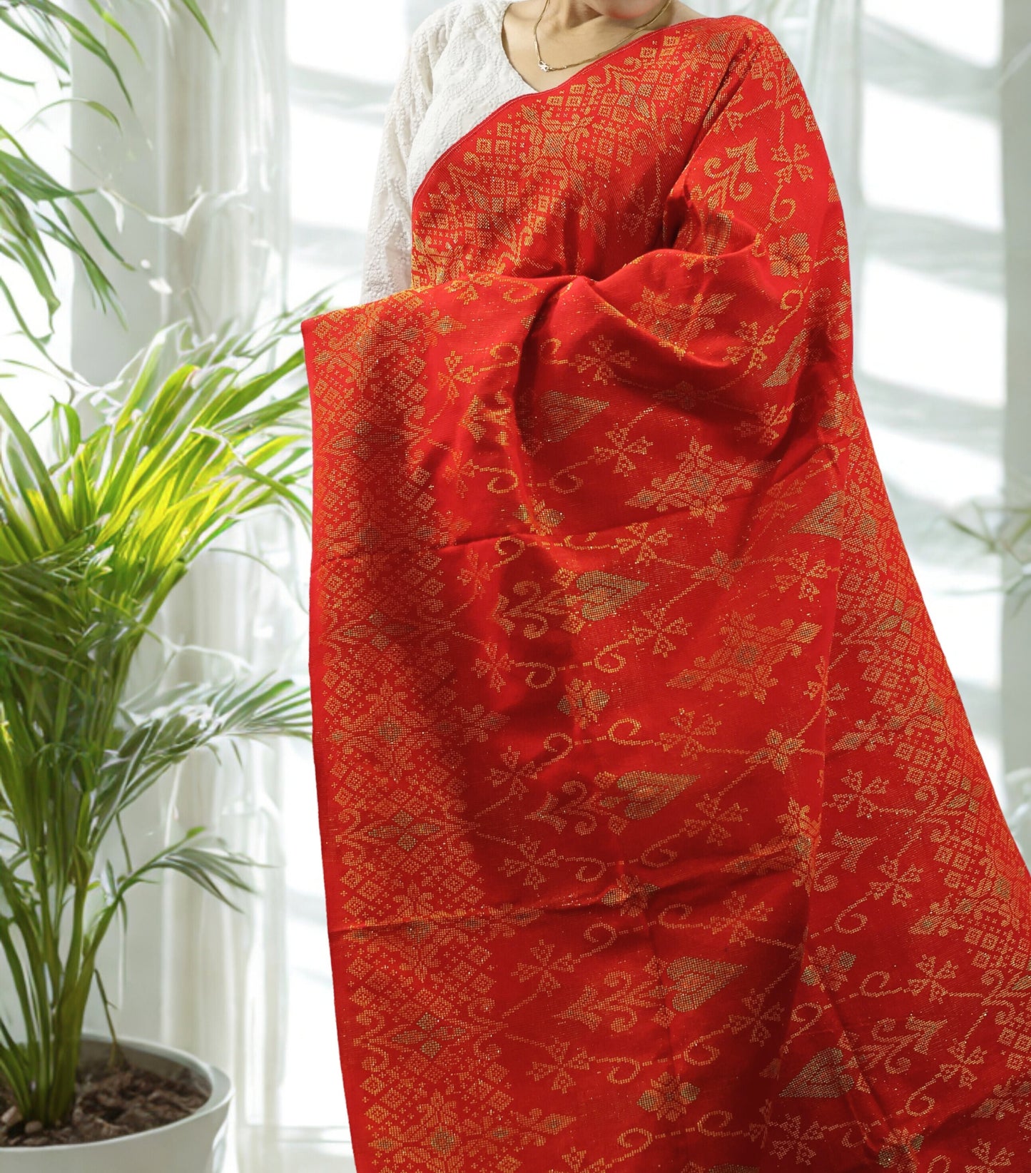 Red Traditional Rignai with Golden Motif (Unstitched)