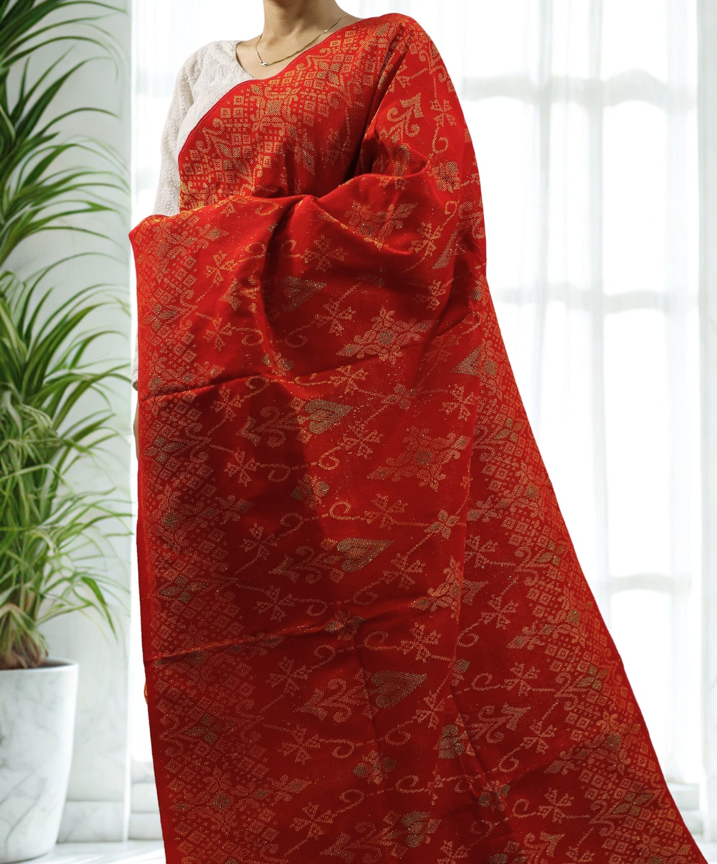 Red Traditional Rignai with Golden Motif (Unstitched)