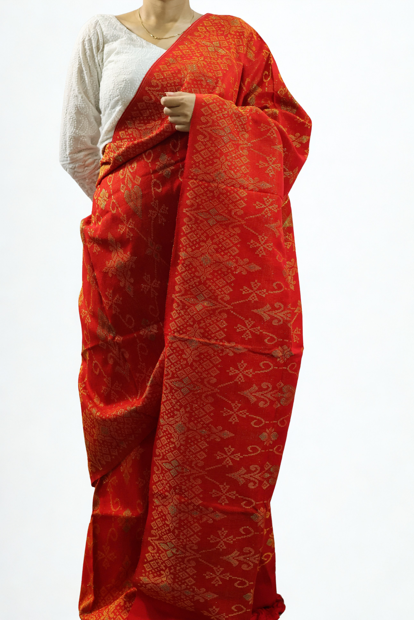 Red Traditional Rignai with Golden Motif (Unstitched)