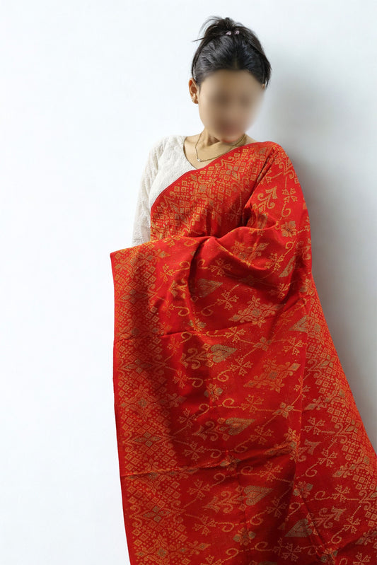 Red Traditional Rignai with Golden Motif (Unstitched)
