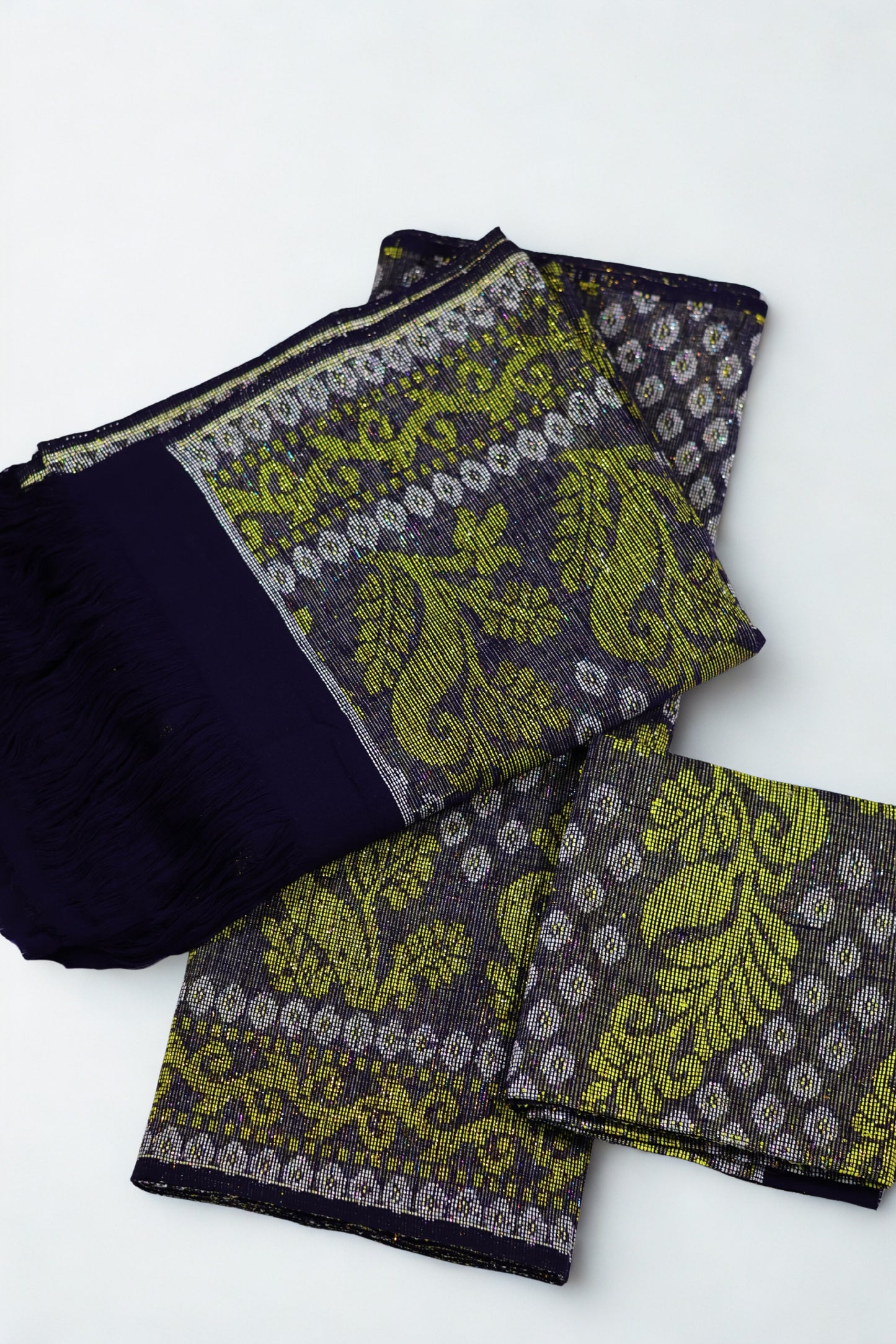 Navy Blue Traditional Rignai with Olive & Gold Motifs (Unstitched)
